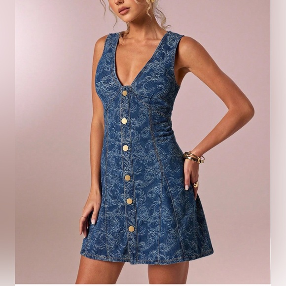By Design Dresses & Skirts - Button-Down Denim V-Neck Dress with Scroll Paisley Pattern